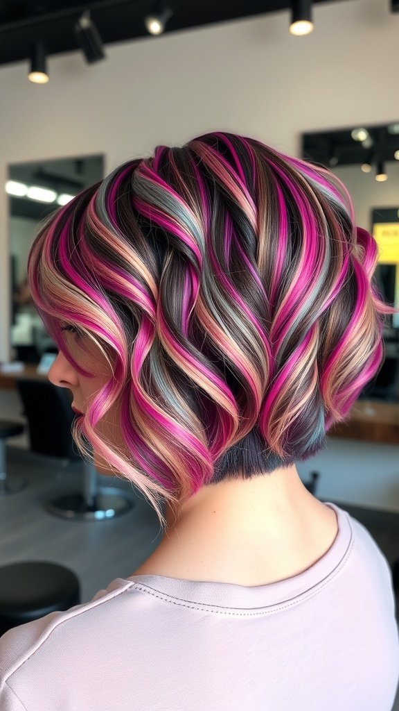 Wavy bubble bob hairstyle with vibrant colors and undercut detailing