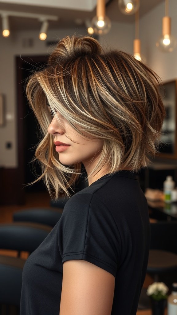 A woman with a stylish hush cut featuring wispy layers and chunky highlights, showcasing a modern hair trend.