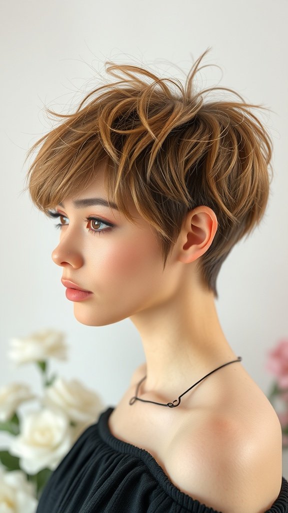 A close-up of a woman with a wispy pixie cut featuring feathered edges, showcasing a stylish and playful hairstyle.