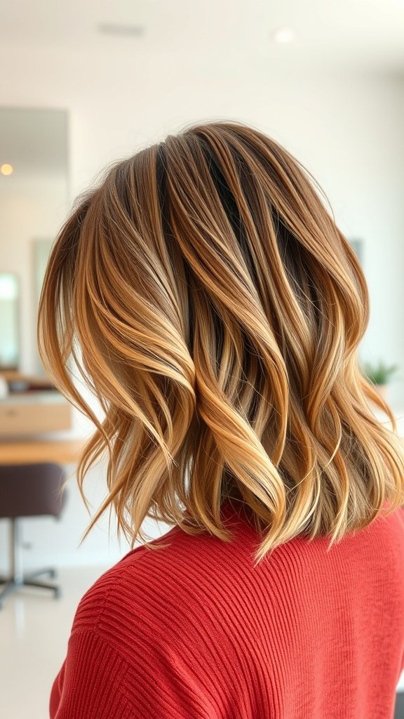 Shoulder-length hair with chunky cinnamon highlights