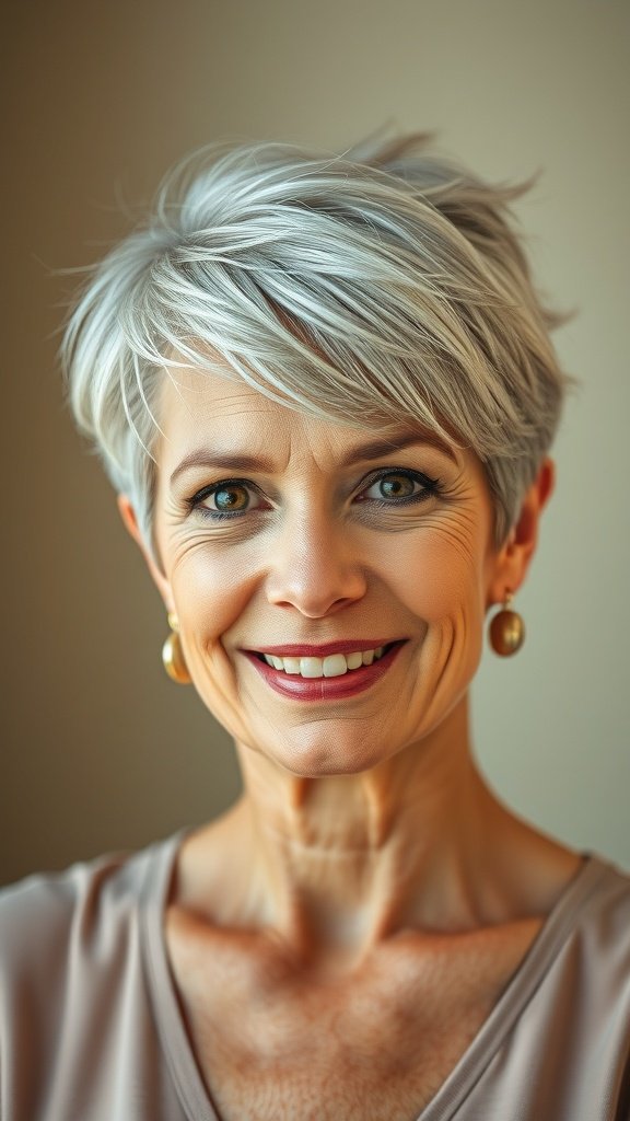 A woman with a pixie haircut featuring textured layers and side bangs, smiling warmly.