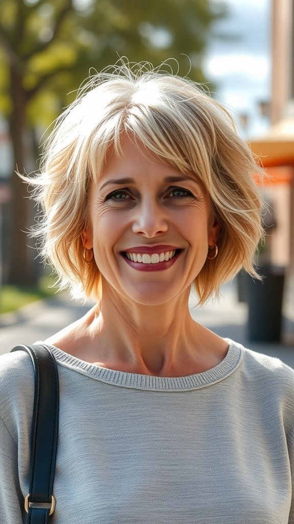 A woman with a tousled bob hairstyle featuring chunky layers, smiling outdoors.