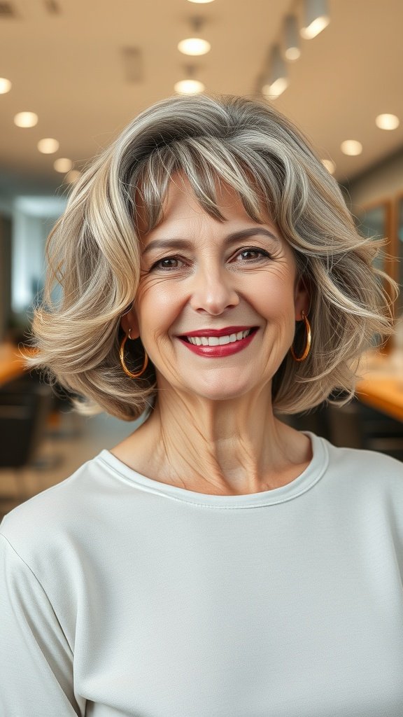 A woman with a bob haircut featuring voluminous curls and side bangs, smiling confidently.