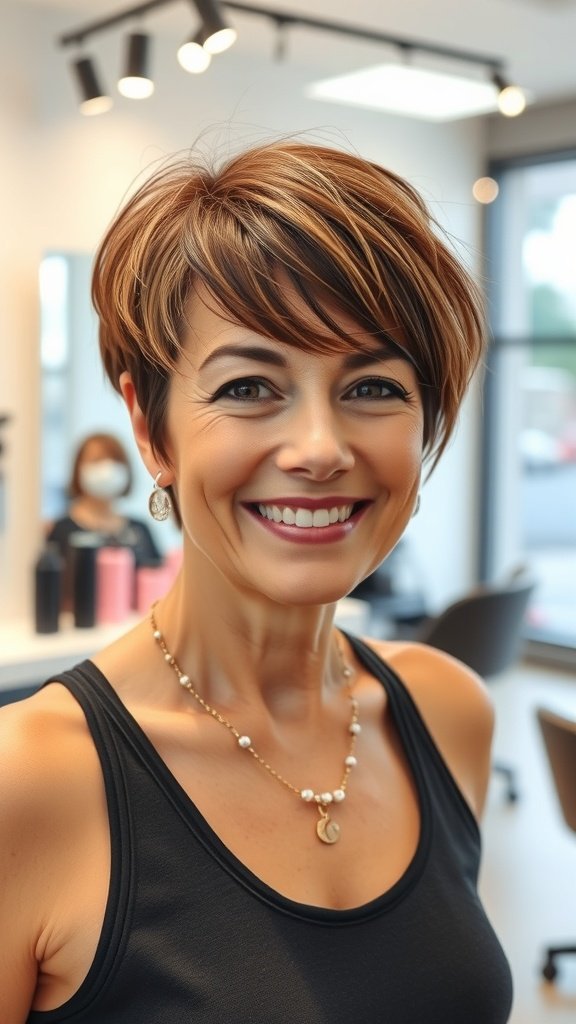 A woman with a pixie haircut featuring dramatic side bangs, smiling in a salon.