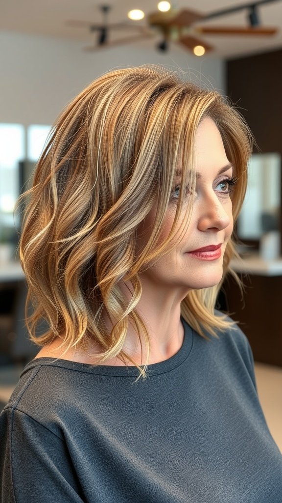 A woman with a jaw-length wavy bob hairstyle, showcasing soft waves and a youthful appearance.