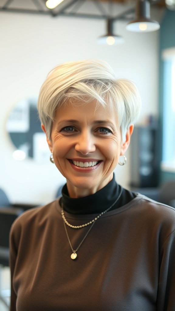 A woman with a stylish pixie haircut featuring asymmetrical cut and highlights, smiling confidently.