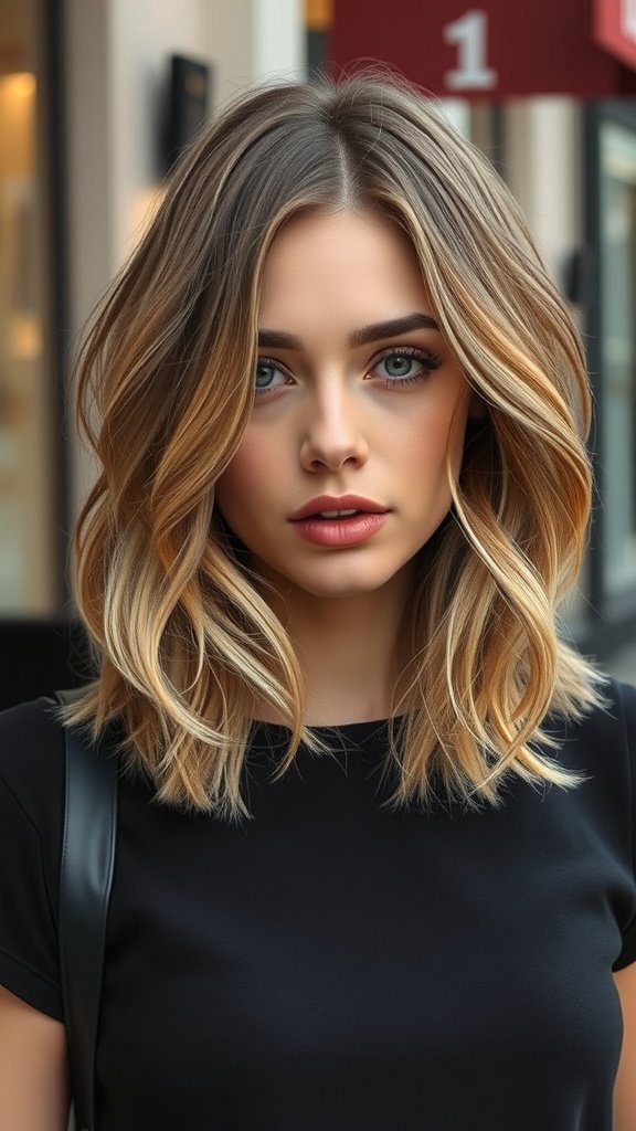 A woman with mid-length hair styled in blended face-framing layers, showcasing soft waves and warm tones.