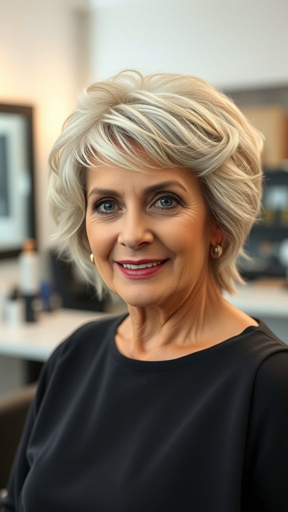 A woman with a short layered haircut featuring edgy texture, smiling confidently.