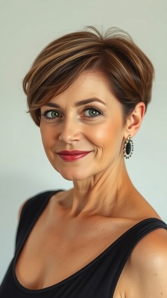 A woman with a Pixie-Bob hairstyle featuring side fringe, showcasing a stylish and youthful look.