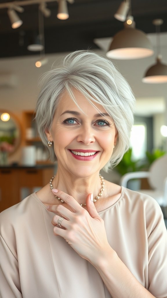 A woman with a pixie haircut featuring long-feathered layers, smiling confidently.