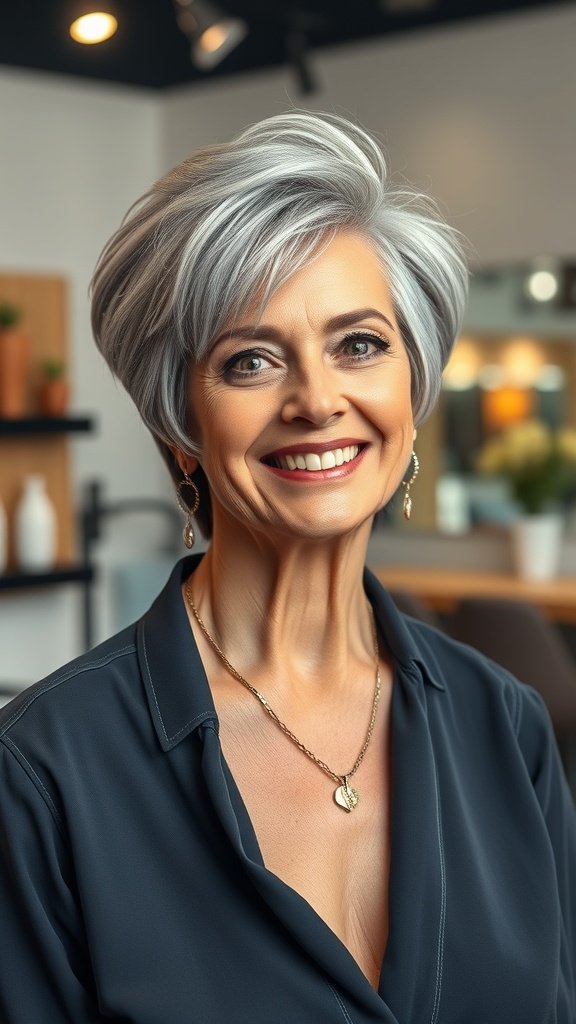 A woman with a tapered haircut and voluminous crown, smiling and wearing elegant earrings.