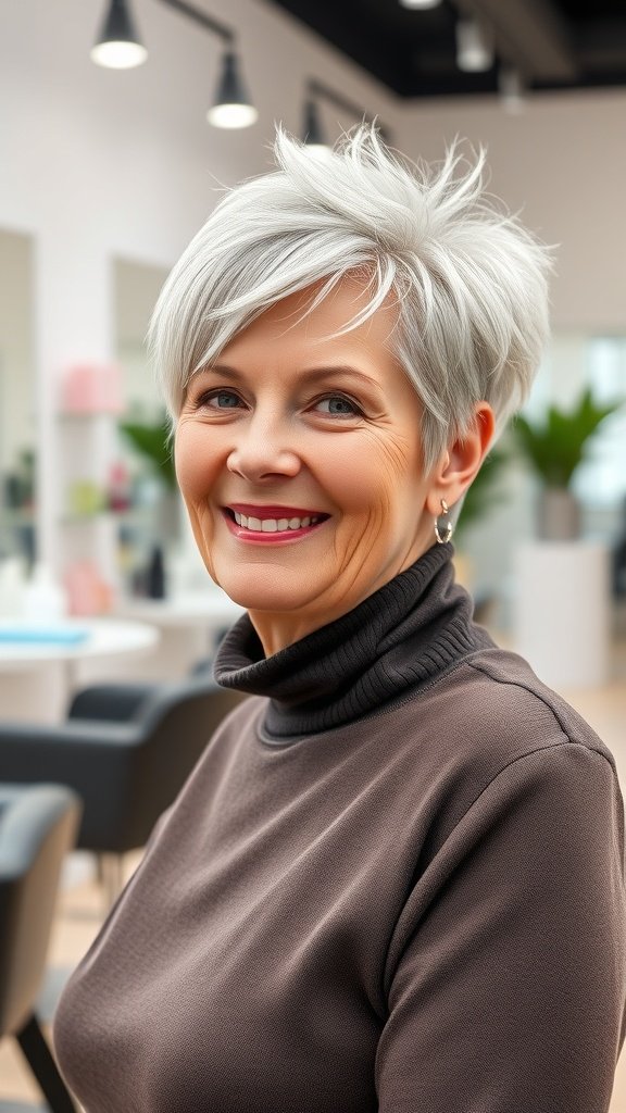 A smiling older woman with a pixie haircut featuring short sides and a voluminous top, wearing a turtleneck sweater in a salon setting.
