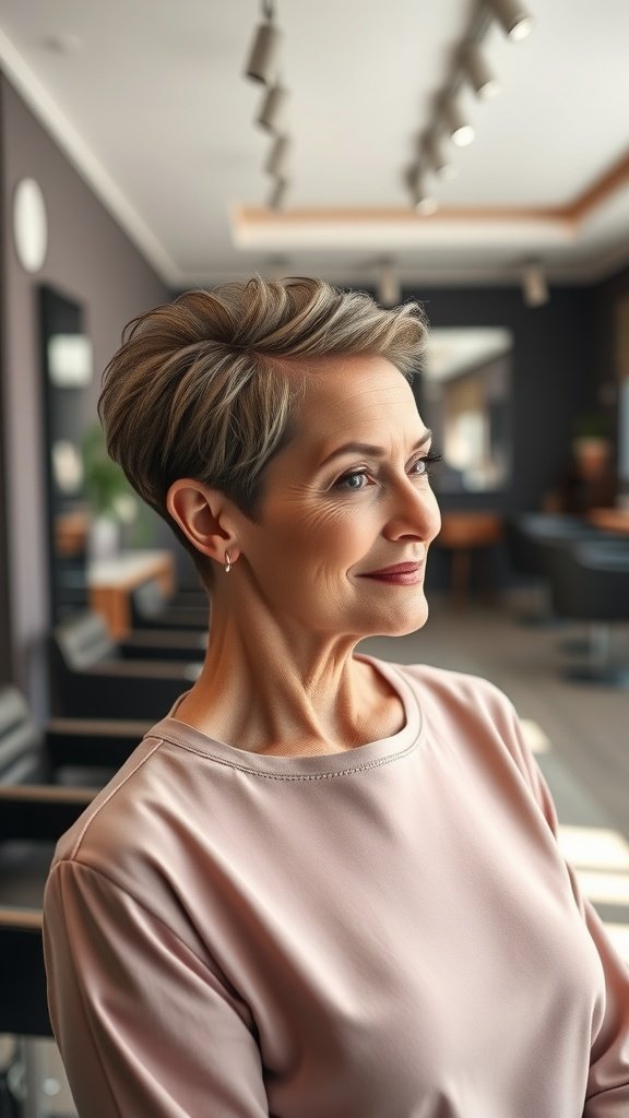 A woman with a slicked-back short hairstyle, showcasing a polished and modern look.