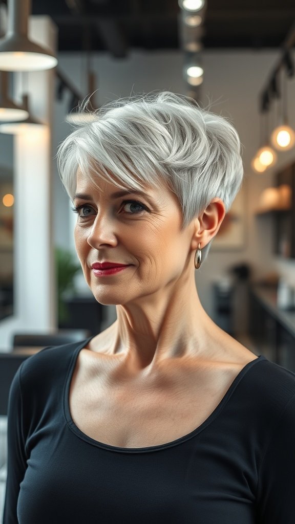 A woman with a choppy pixie haircut featuring razored edges, showcasing a modern and stylish look.