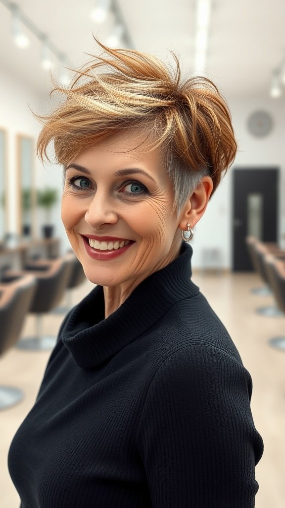 A woman with a pixie haircut featuring shaggy layers and a side part, smiling in a salon setting.