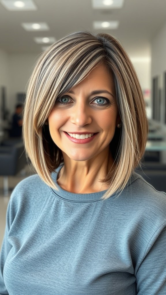 A woman with a bob haircut featuring inverted layers and side bangs, smiling confidently.