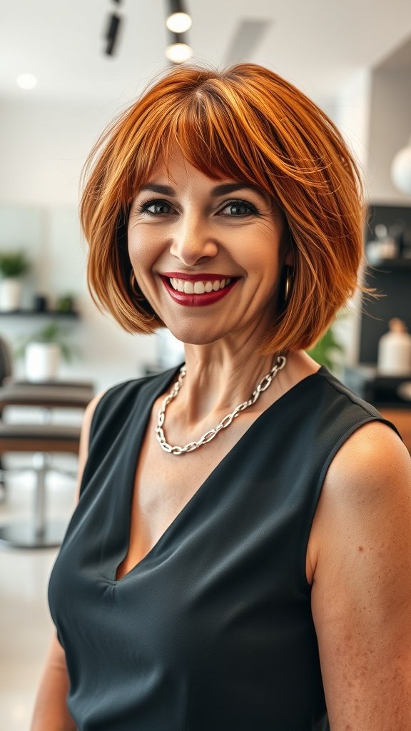 A woman with a textured bob hairstyle and bangs, smiling confidently.