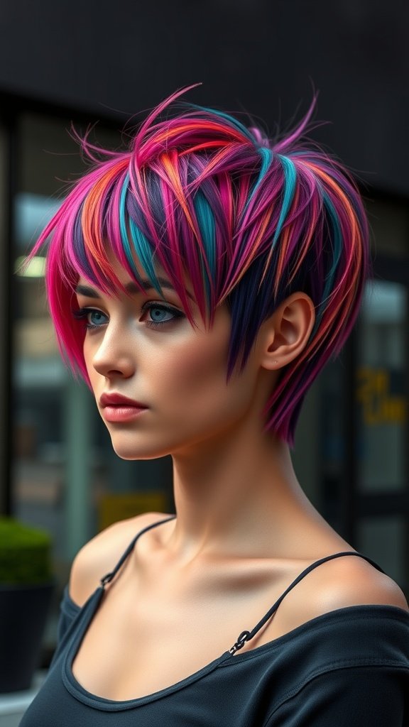 A young woman with a vibrant shaggy mullet in pixie length, featuring colorful highlights.