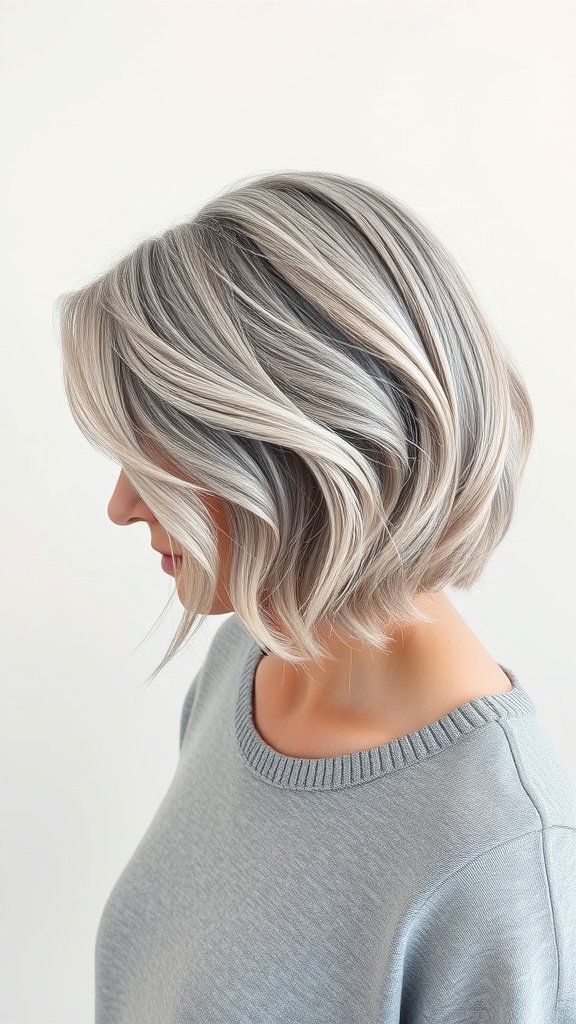 A woman with an angled bob hairstyle showcasing natural gray hair.