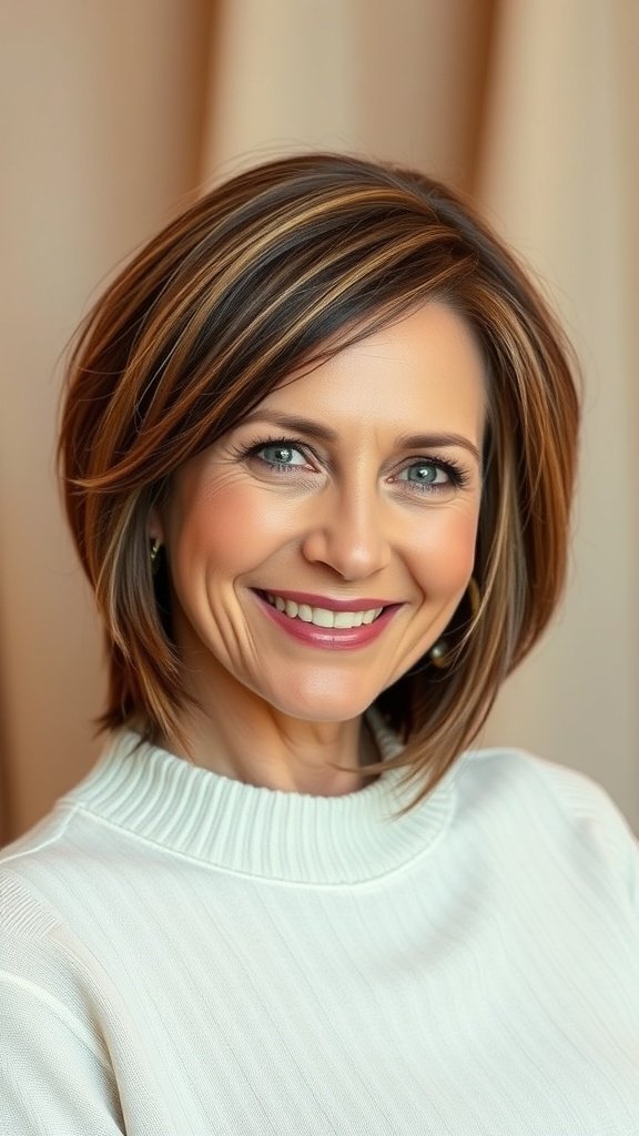 A woman with an angled bob haircut featuring subtle highlights, smiling and wearing a white sweater.