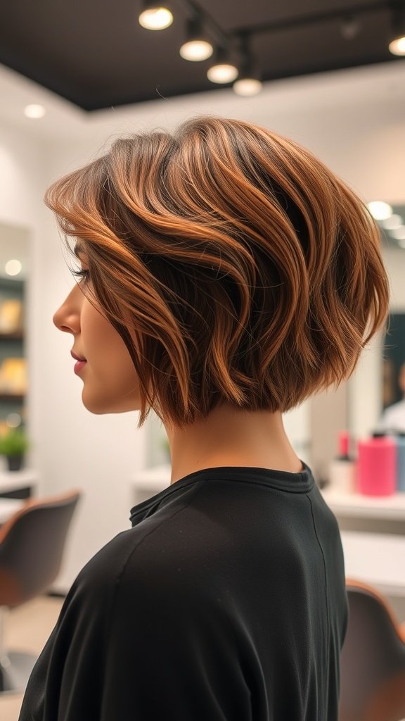 A woman with an angled undercut bob hairstyle, showcasing layers and warm tones.