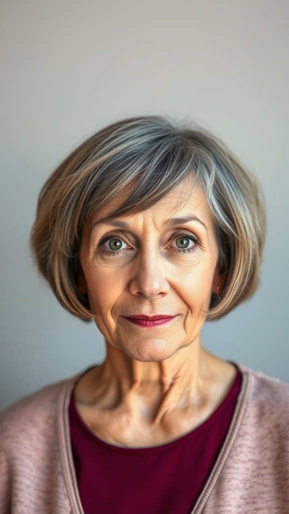 A woman with an angular blunt bob hairstyle, showcasing a modern and stylish look.