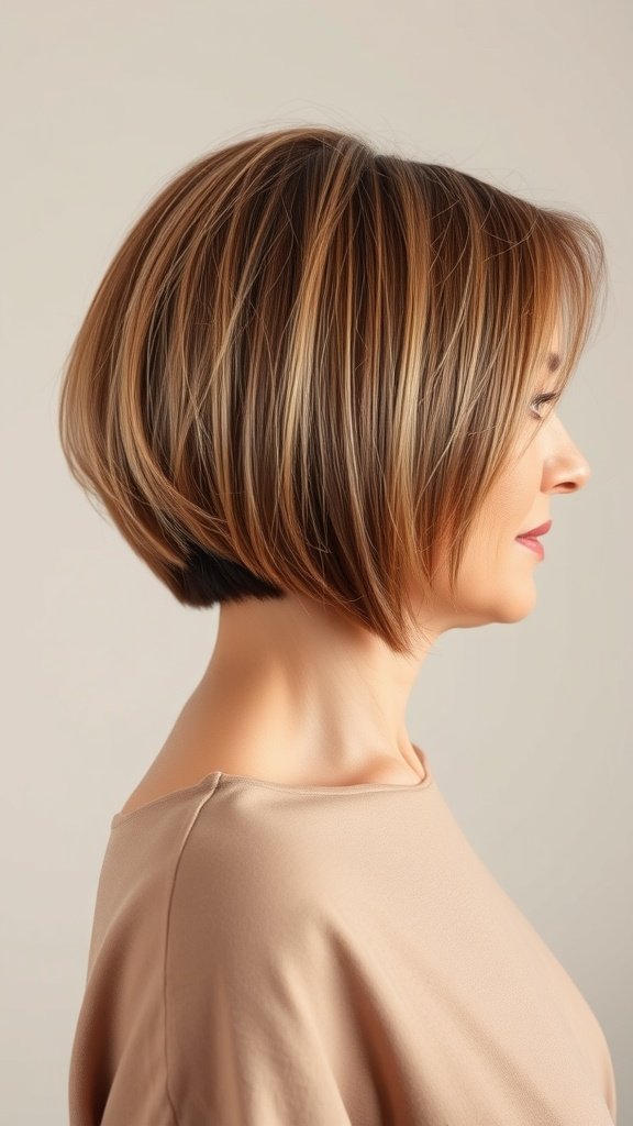 A woman with an angular blunt bob hairstyle, showcasing sharp angles and a clean edge.