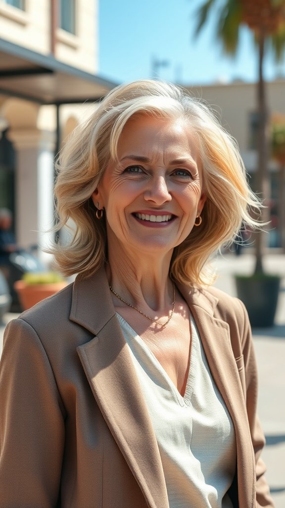 A woman with medium-length ash-blonde hair styled in gentle waves, smiling outdoors.