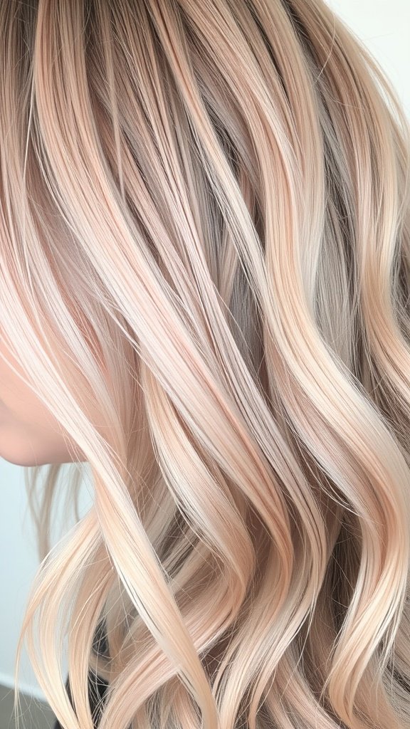Ash blonde hair with pastel pink undertones styled in soft waves.