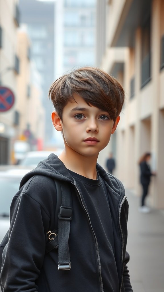 A teenage boy with an asymmetric bob haircut, wearing a black hoodie, standing in an urban setting.