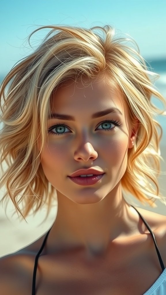 A woman with beachy waves on a medium-length cut, showcasing a soft and playful hairstyle.