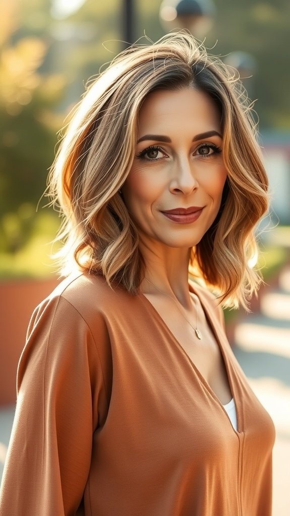 A woman with a blunt lob hairstyle featuring subtle waves, wearing a brown top and smiling outdoors.