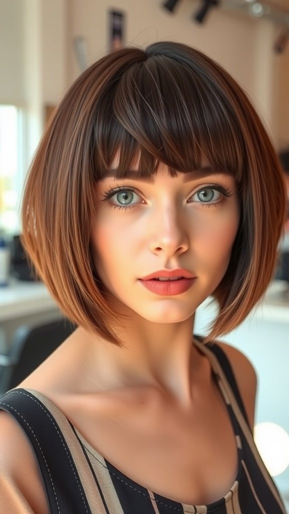 A woman with a box bob hairstyle featuring a tapered nape and side-swept bangs, showcasing a modern and elegant look.