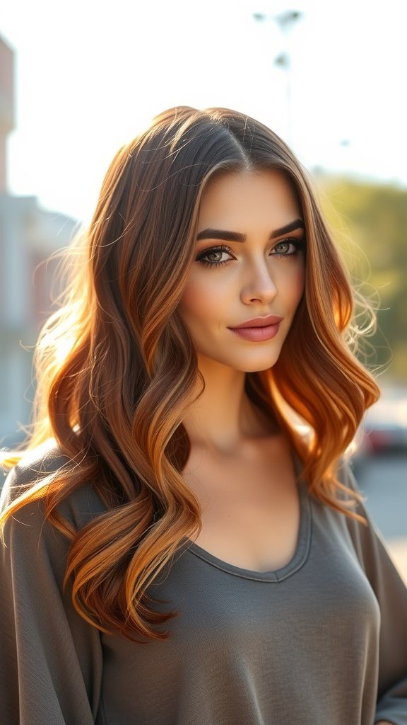 A woman with flowing bronde and auburn hair styled in soft waves, showcasing a vibrant and warm color blend.