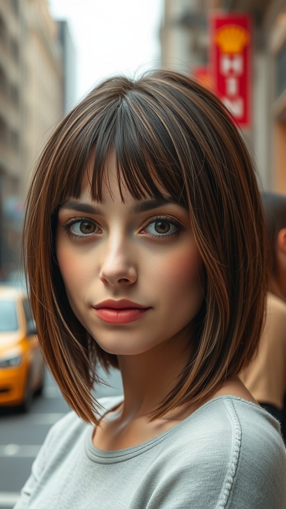 A woman with a brunette straight lob hairstyle featuring caramel streaks, looking stylish in an urban setting.