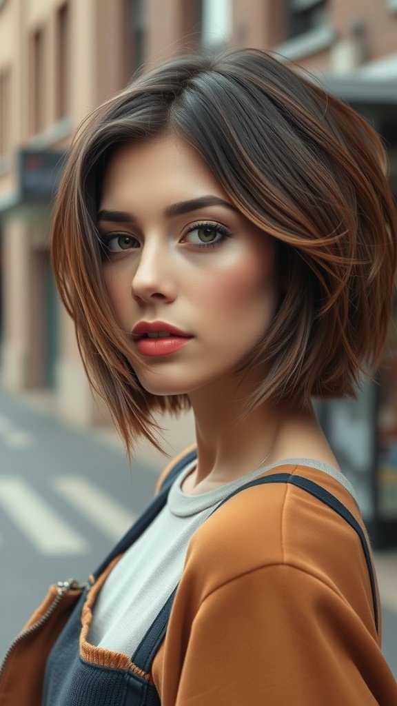 A young woman with a choppy layered bob and side bangs, showcasing a trendy hairstyle for fine hair.