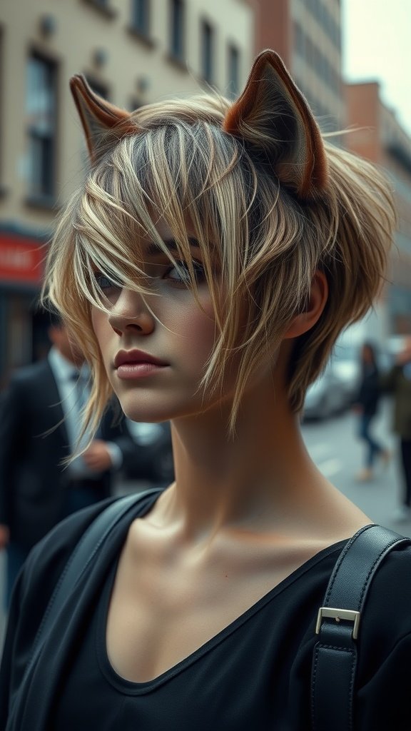 A model showcasing a choppy layered wolf cut hairstyle with a playful and textured look.
