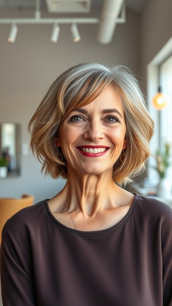 A woman with a choppy lob hairstyle and face-framing layers, smiling confidently.