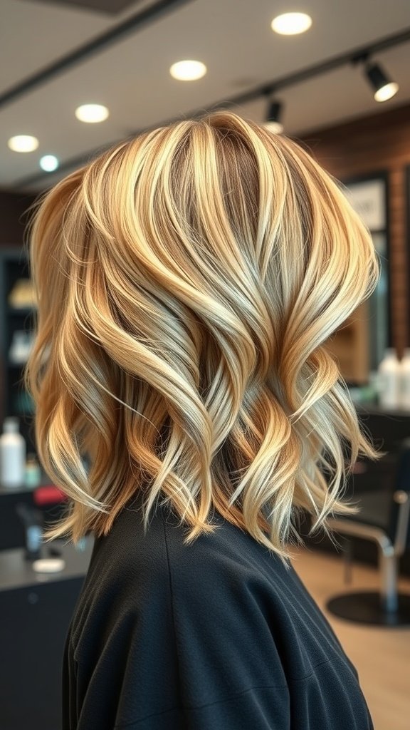 A woman with medium-length hair styled in chunky blonde highlights and tousled waves.