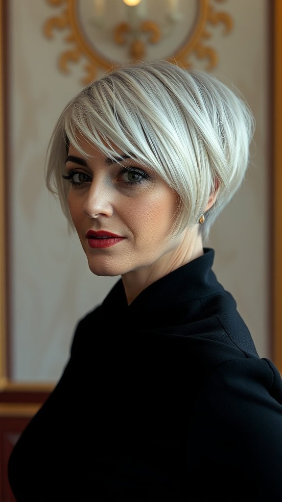 A woman with a close-cropped pixie hairstyle and long bangs, showcasing a modern and stylish look.