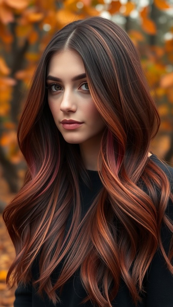 A model with long, wavy hair featuring a cool cranberry balayage, set against an autumn backdrop.