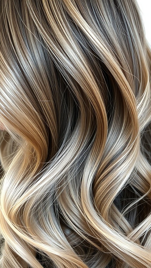 Close-up of hair with cool silver highlights in ash brown waves