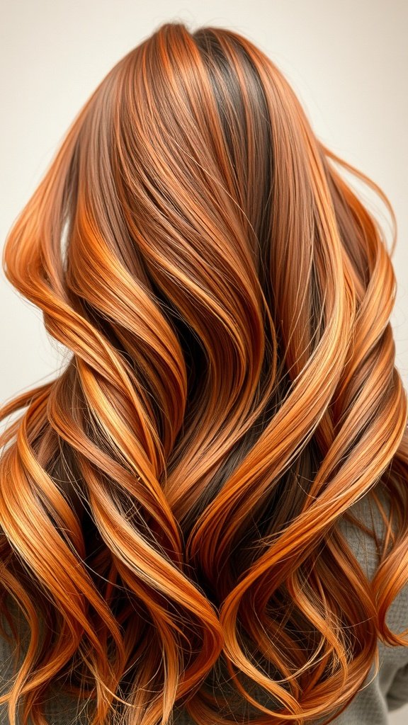 A beautiful hairstyle featuring flowing copper layers with waves.