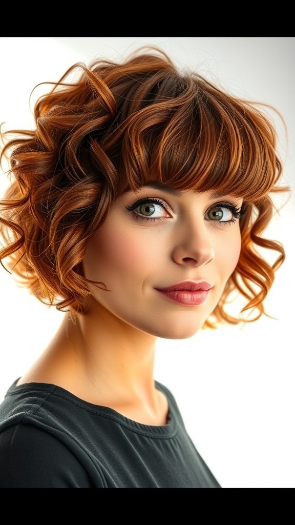 A woman with a curly bob hairstyle and curtain bangs, showcasing a vibrant look.