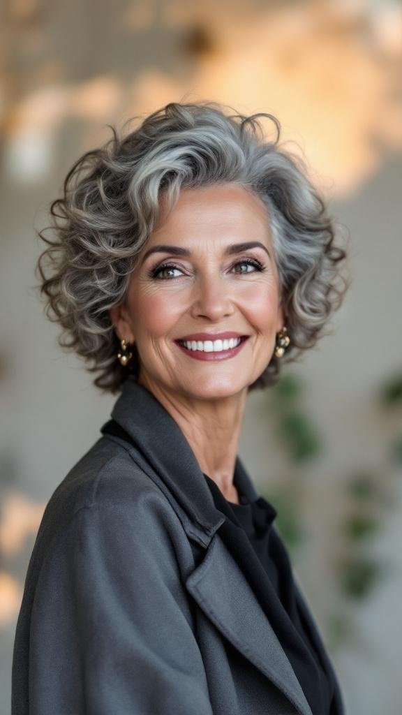 A woman with a curly tapered cut, smiling and showcasing her natural gray hair.
