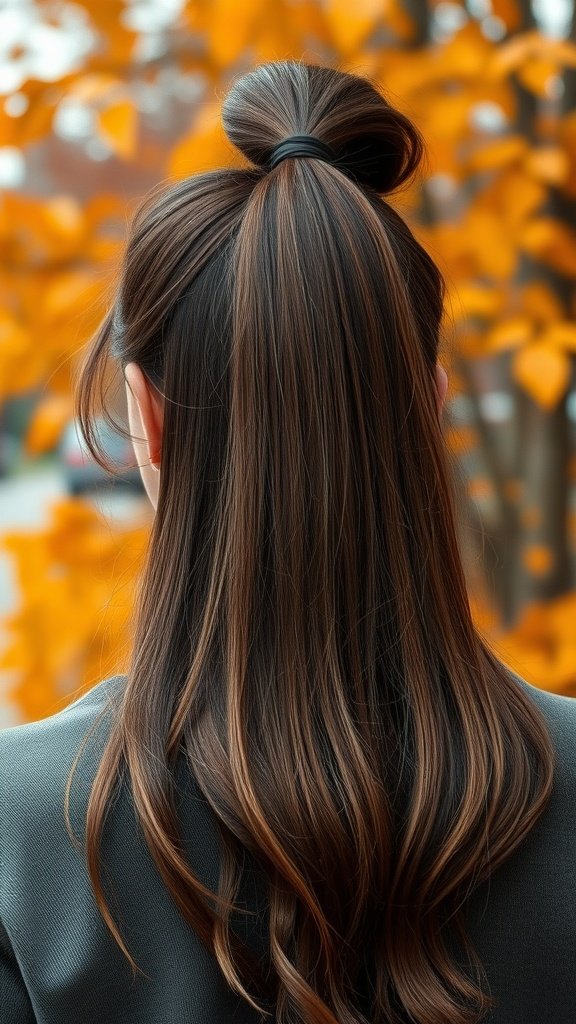 A woman with curtain bangs styled in a high ponytail, set against a backdrop of autumn leaves.