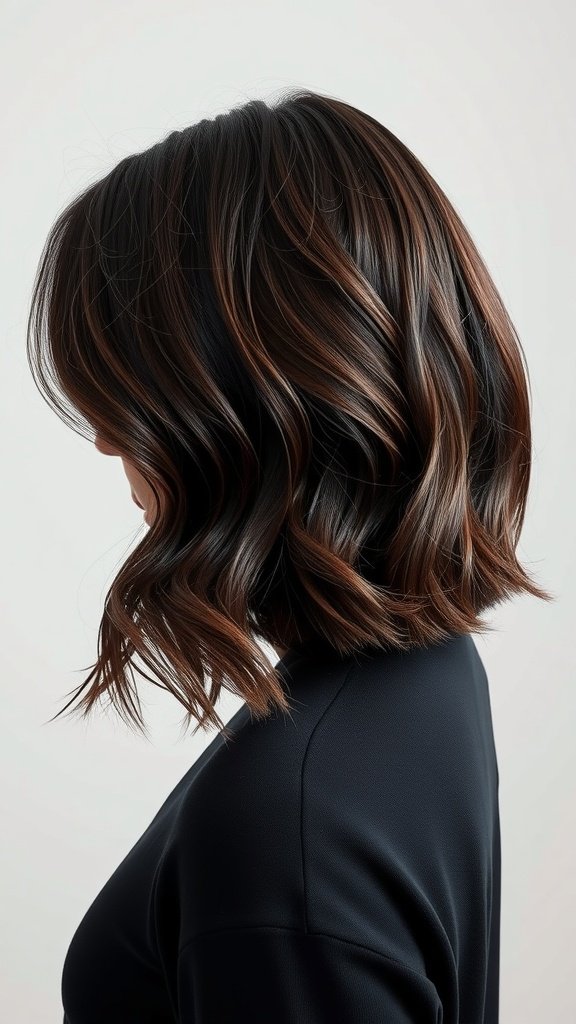 A woman with dark brown angled lob hairstyle, showcasing waves and rich color.