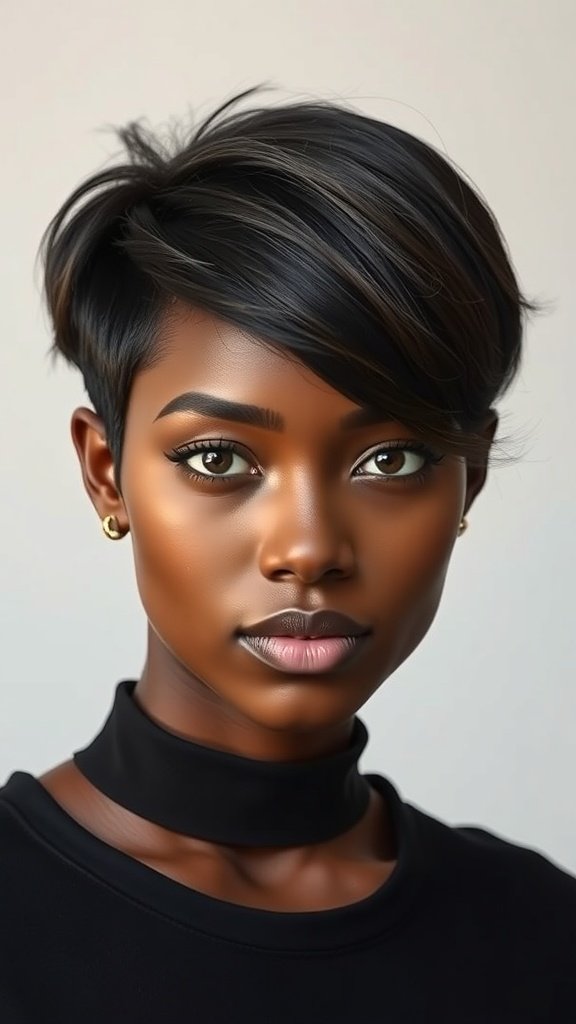 A woman with a dark chocolate pixie haircut featuring a tapered nape, showcasing her facial features.