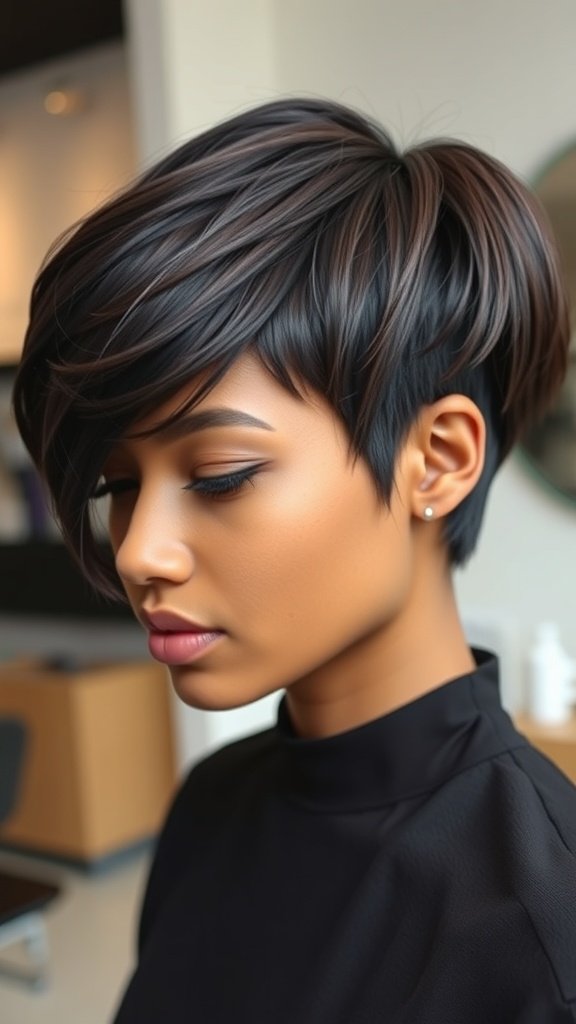 A woman with a dark chocolate pixie haircut featuring a tapered nape, showcasing a stylish and modern look.
