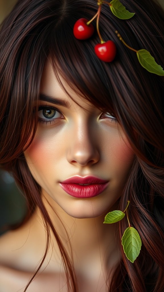 A close-up of a woman with deep burgundy hair and cherry highlights, showcasing a vibrant hairstyle.